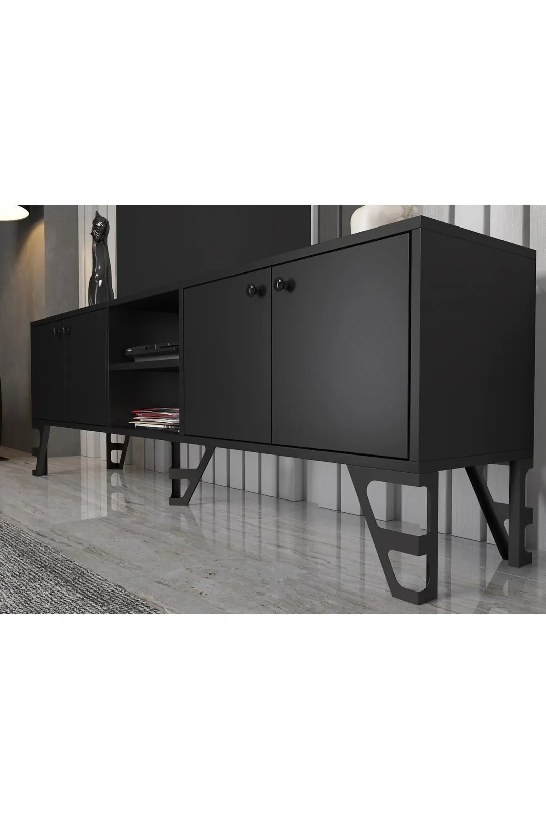 Sofia 180 Cm Metal Ayaklı Tv Ünitesi - Siyah / Siyah